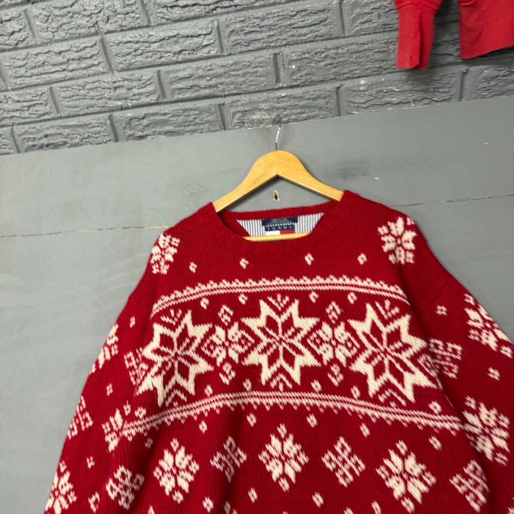 Tommy‎ Hilfiger Mens Red Wool Blend Fair Isle Snowflake Sweater Large Vintage